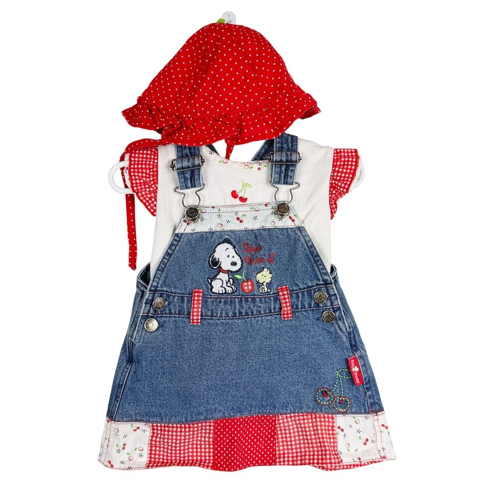 Vtg 90s Baby Snoopy 3 Piece Coveralls Dress Hat Shirt Red Blue - 3-6 Months